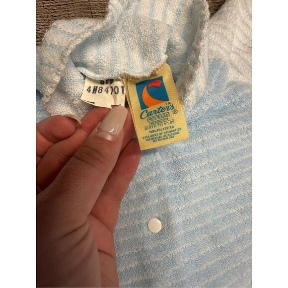 Vintage Carter’s Newborn Baby Boy Striped Blue Teddy Bear One Piece Outfit - Picture 6 of 7